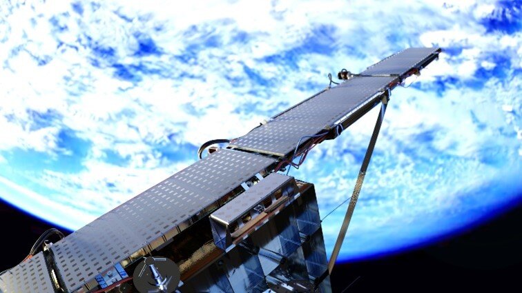 Rendering depicting deployment of solar array in orbit